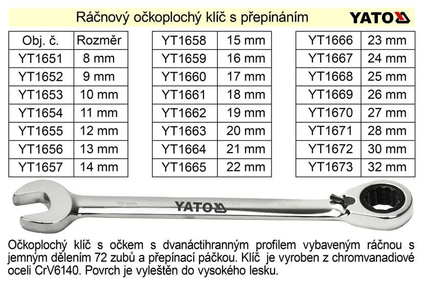 YATO Ráčnový klíč očkoplochý s přepínáním 11mm Víkendová Akce