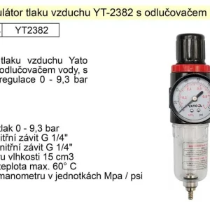 Vysoce Kvalitní YATO Regulátor tlaku vzduchu s odlučovačem, 1/4", redukční ventil YT-2382