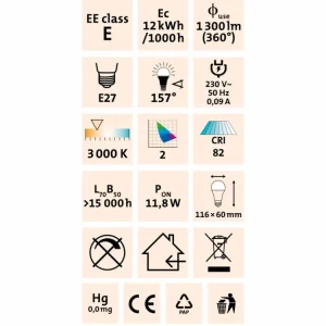 Sleva Žárovka LED klasická, 12W, 1055Lm, E27, teplá bílá, EXTOL LIGHT 43004