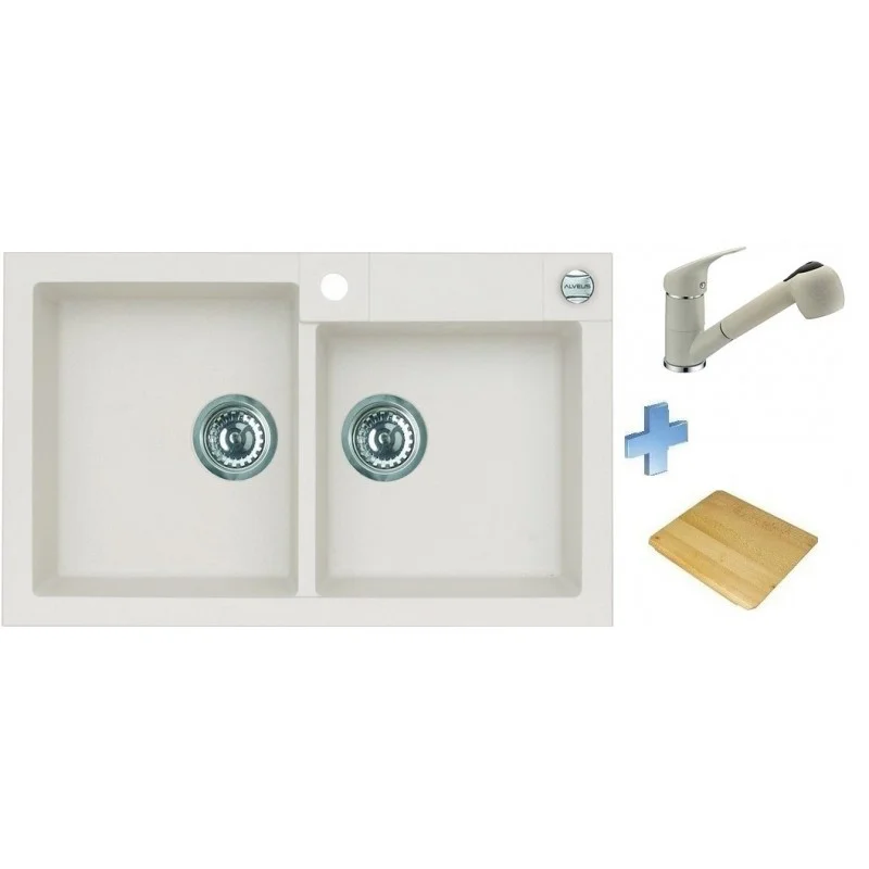 Značkový ALVEUS set dřez Rock 90 white + baterie Bora Bora white + krájecí deska