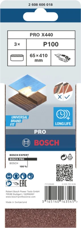 3x Brusný pás Bosch PRO X440 65 x 410 mm G100 2608606018 Tovární Cena