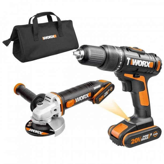 WORX WX963 Aku vrtačka s příklepem a aku úhlová bruska 20V 2x2Ah - Powershare Časově Omezené