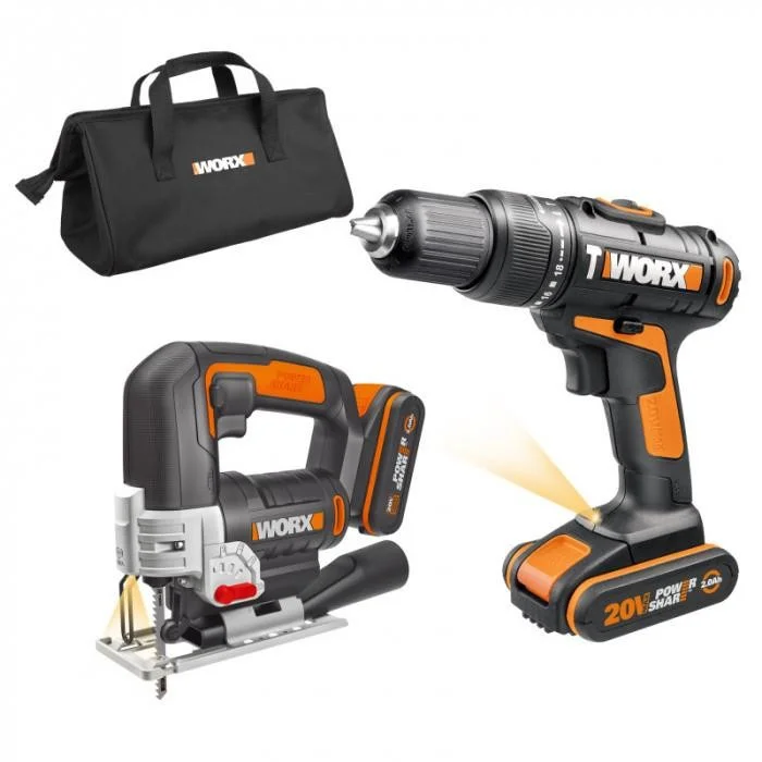 WORX WX967 Aku vrtačka s příklepem a aku přímočará pila 20V 2x2Ah - Powershare Akční Cena